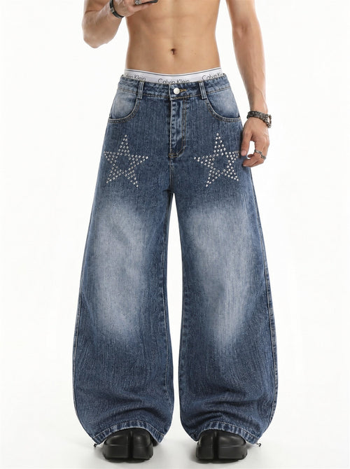 Rhinestone star baggy jeans displayed from the front
