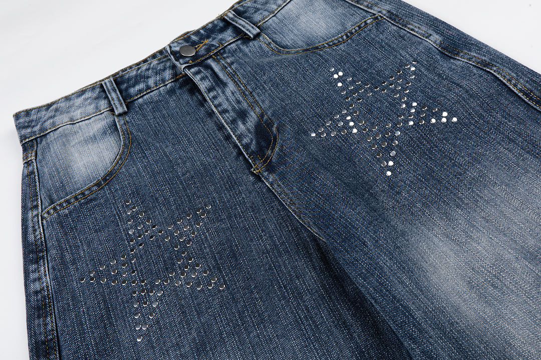 Back view of relaxed-fit rhinestone star jeans