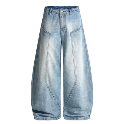 Back view of baggy barrel jeans showing the relaxed barrel silhouette
