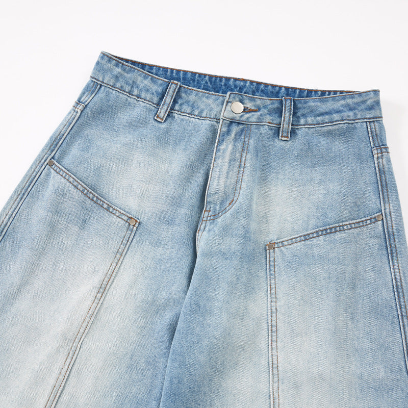 Close-up of the curved seam panels on the baggy barrel jeans