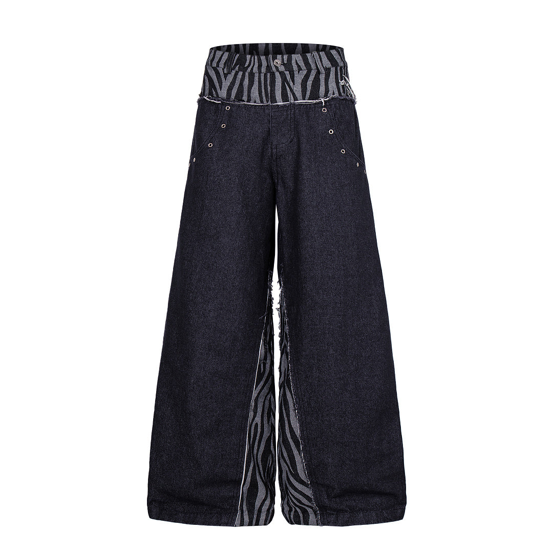 Front view of baggy jeans featuring a zebra-patterned double waist