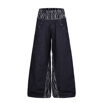 Front view of baggy jeans featuring a zebra-patterned double waist