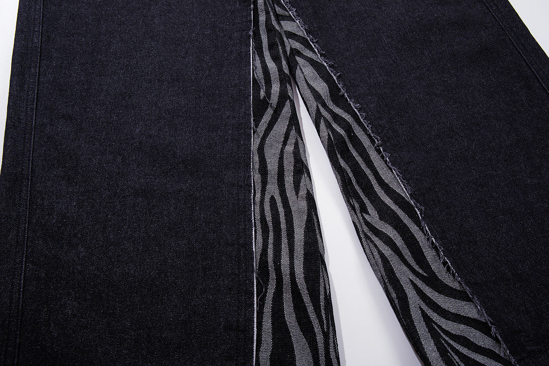 Side view of baggy jeans with zebra double-waist styling