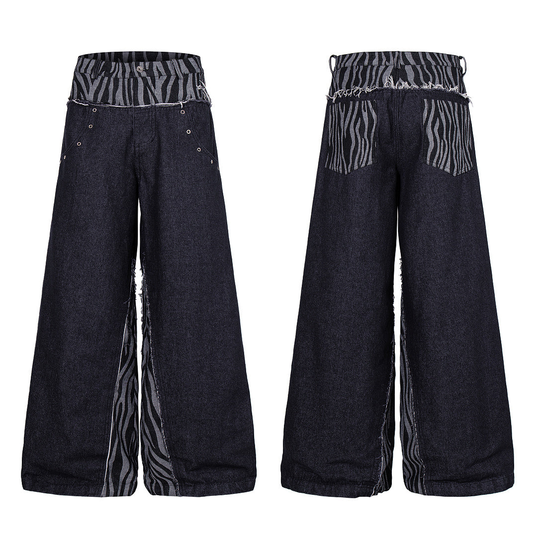 Detailed view of the zebra-patterned waistband on the jeans