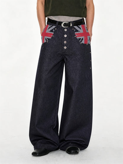 Dark denim baggy jeans with a Union Jack pocket detail