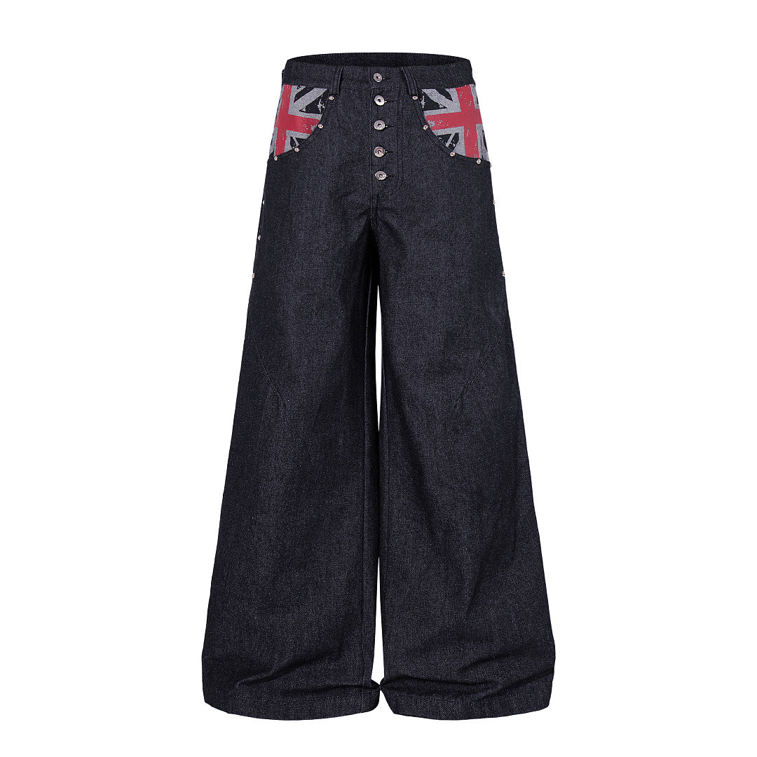 Front view of Union Jack pocket baggy jeans in dark denim