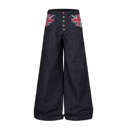 Front view of Union Jack pocket baggy jeans in dark denim