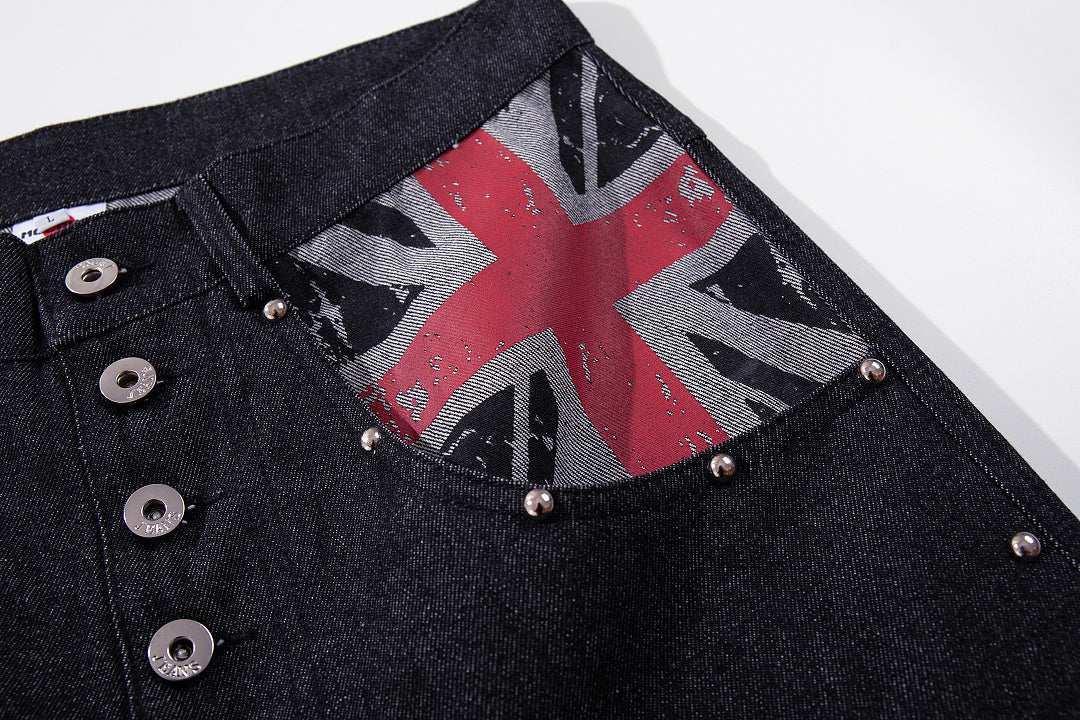 Baggy dark denim jeans showing the Union Jack pocket design