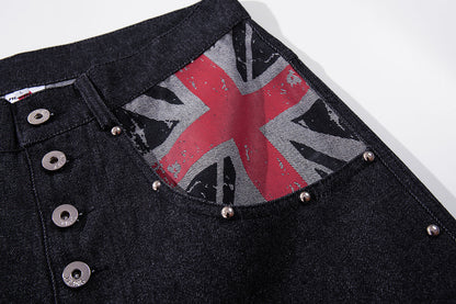 Baggy dark denim jeans showing the Union Jack pocket design
