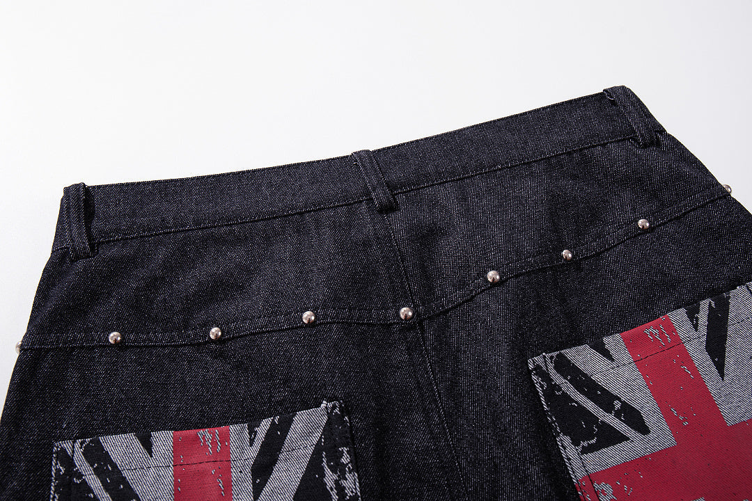 Side view of relaxed Union Jack pocket jeans in dark denim