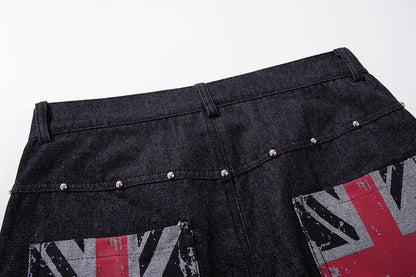 Side view of relaxed Union Jack pocket jeans in dark denim