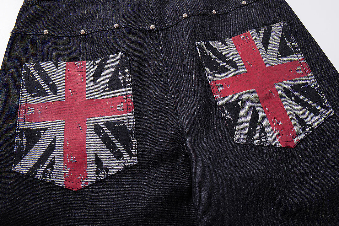 Full-length view of dark denim Union Jack baggy jeans