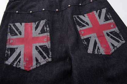 Full-length view of dark denim Union Jack baggy jeans