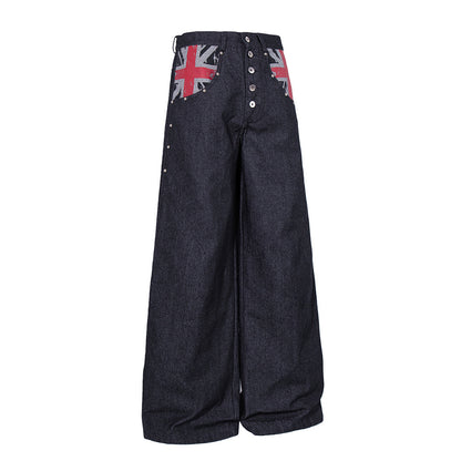 Detailed view of stitching and Union Jack pocket on the jeans