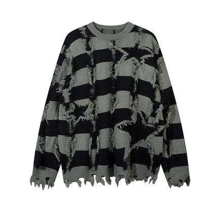 Oversized Star Stripe Knit Sweater With Fringe