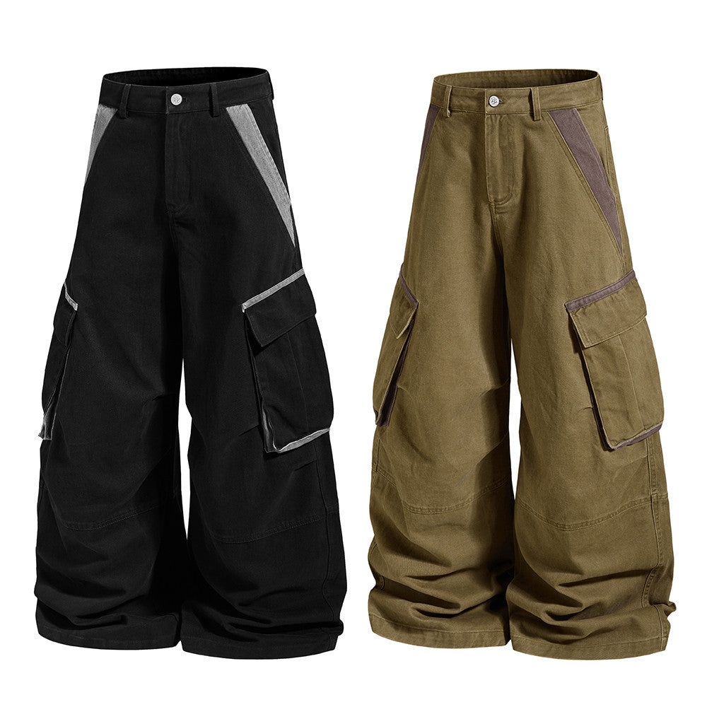 Front view of wide-leg cargo trousers with multiple pockets