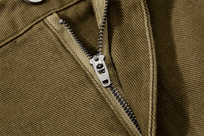 Detailed view of pocket and panel construction on cargo trousers