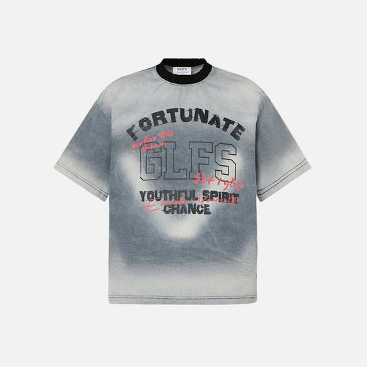 Front view of grey-blue acid wash oversized graphic T-shirt