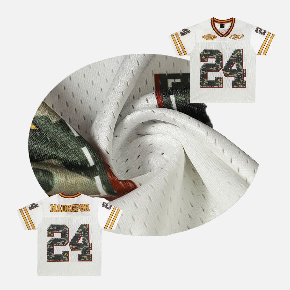 Close-up of camo graphic print on retro jersey T-shirt