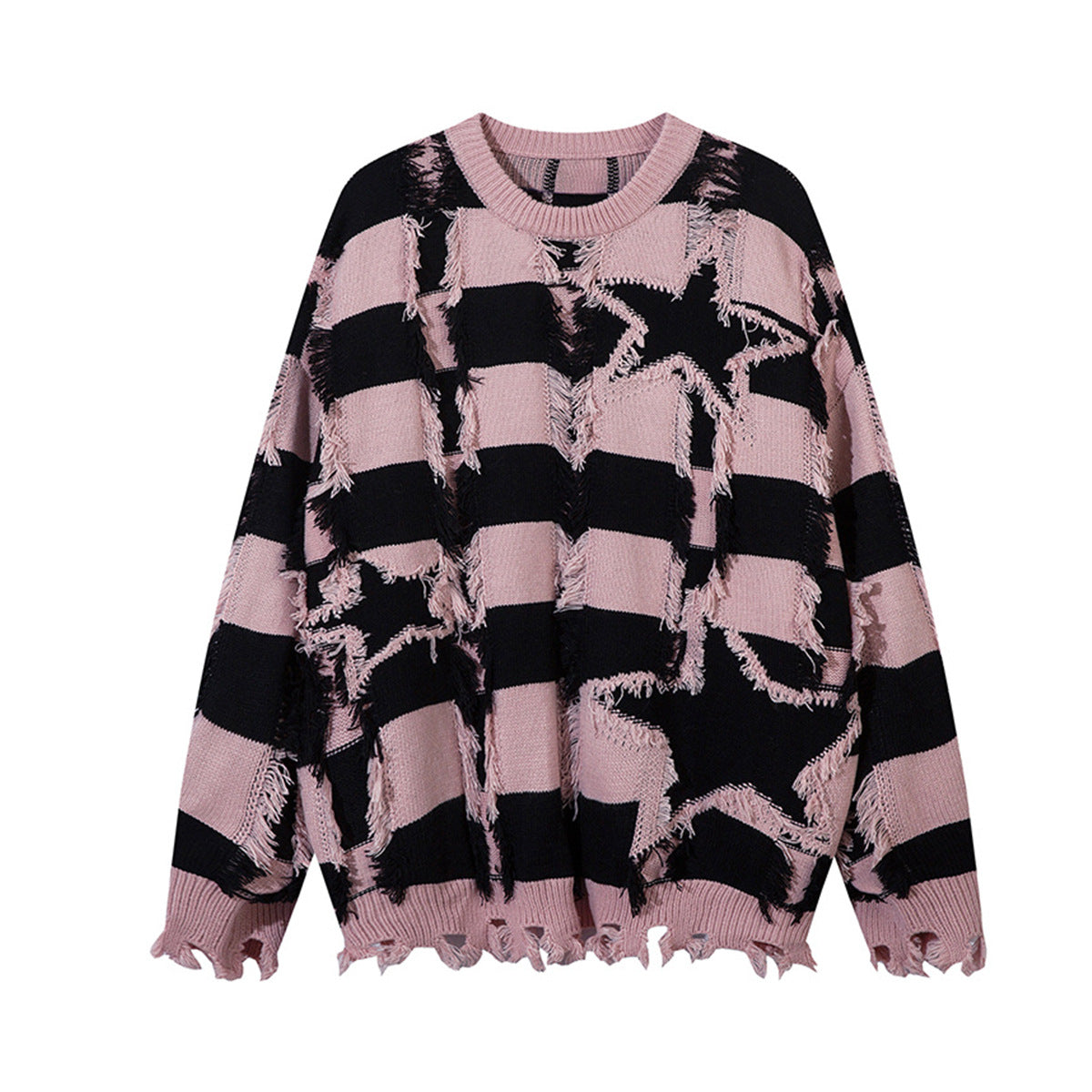 Oversized Star Stripe Knit Sweater With Fringe