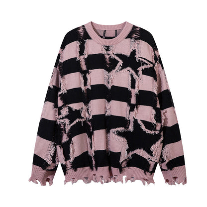Oversized Star Stripe Knit Sweater With Fringe