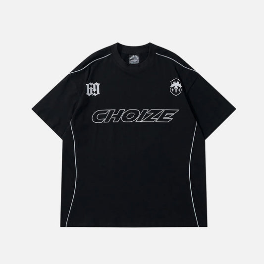 Front view of black oversized graphic T-shirt with 69 print