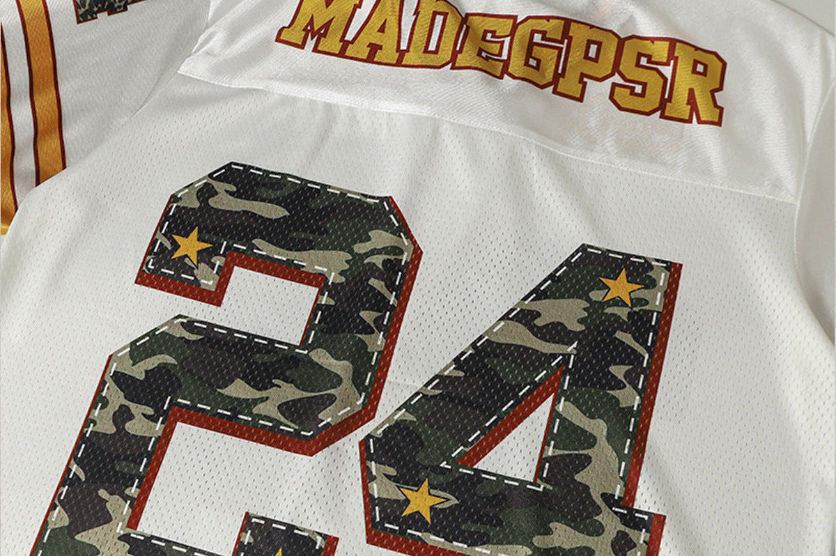Oversized streetwear T-shirt in camouflage jersey fabric shown on model