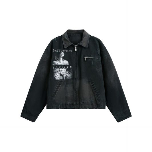 Acid Wash Canvas Workwear Jacket With Graphic Print
