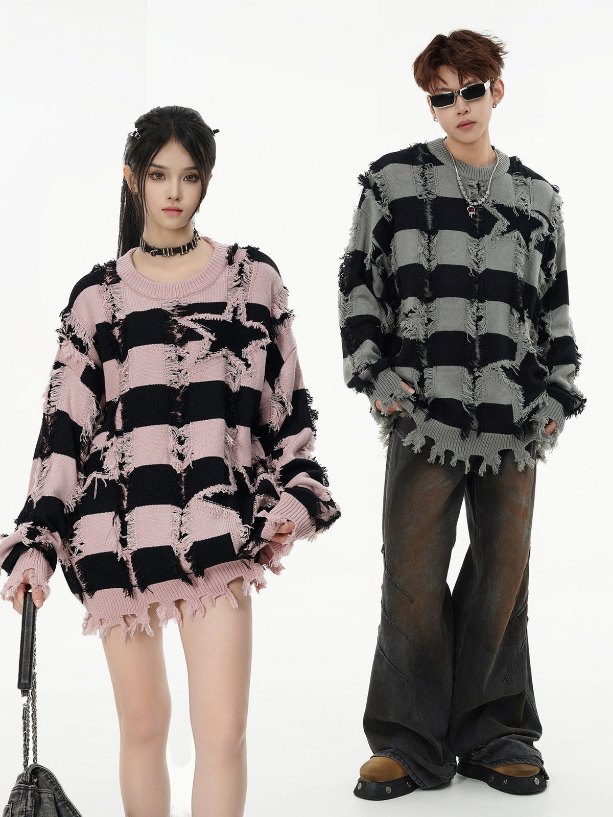 Oversized star stripe knit sweater with fringe, front view