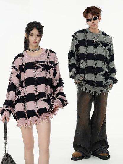 Oversized star stripe knit sweater with fringe, front view