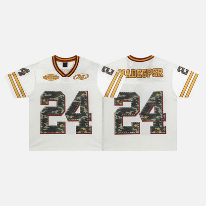 Back view of oversized camouflage graphic jersey T-shirt