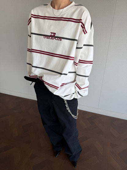 Oversized striped mock neck shirt in black and blue