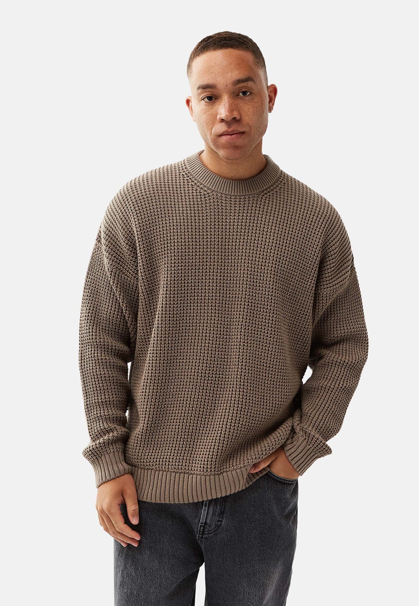 Boxy Waffle Knit Organic Cotton Sweater Mud