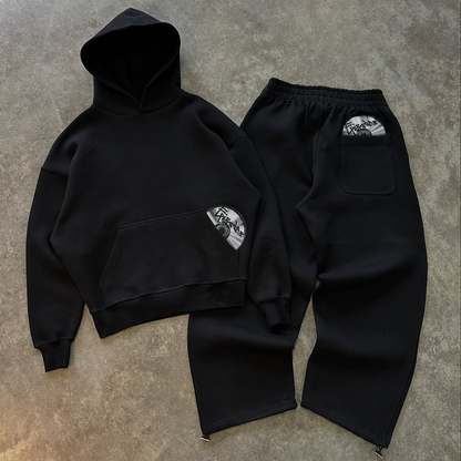 Cotton Blend Hoodie And Joggers Tracksuit Black And Grey