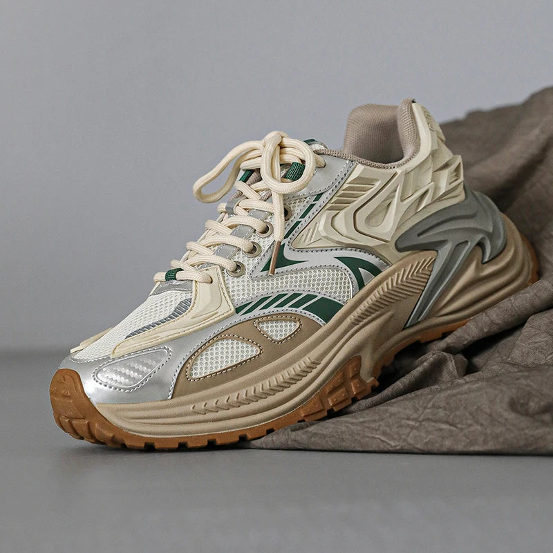 Close-up of the textured upper on chunky trainers