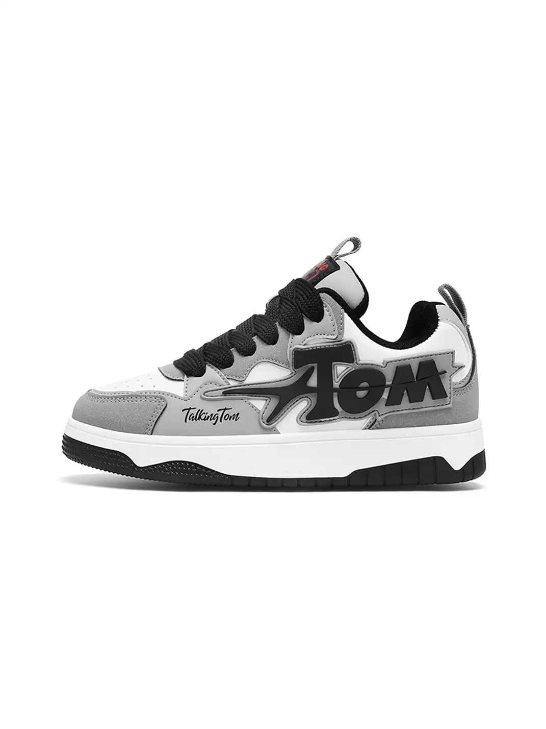Top-down view of the oversized letter graphic sneaker pair