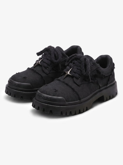 Top view of chunky denim trainers with textured denim uppers