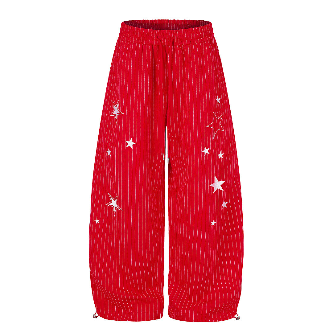 Front view of star embroidered baggy barrel sweatpants