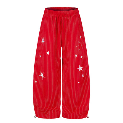 Front view of star embroidered baggy barrel sweatpants