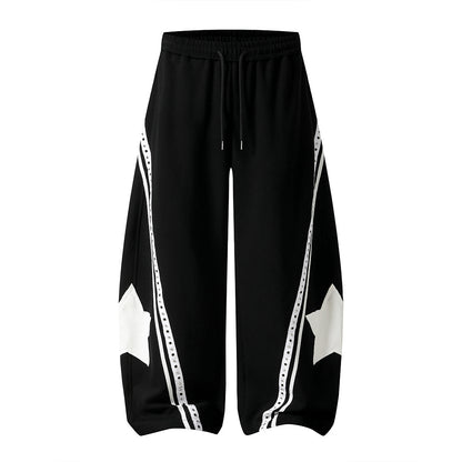 Front view of relaxed baggy barrel sweatpants with curved panel detailing