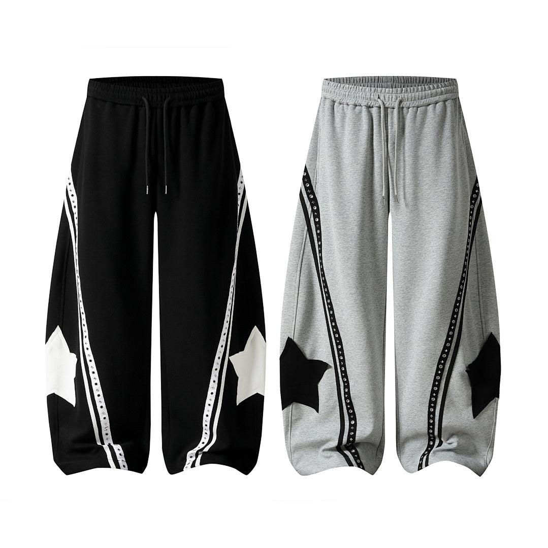 Rear view of baggy barrel sweatpants with a relaxed silhouette