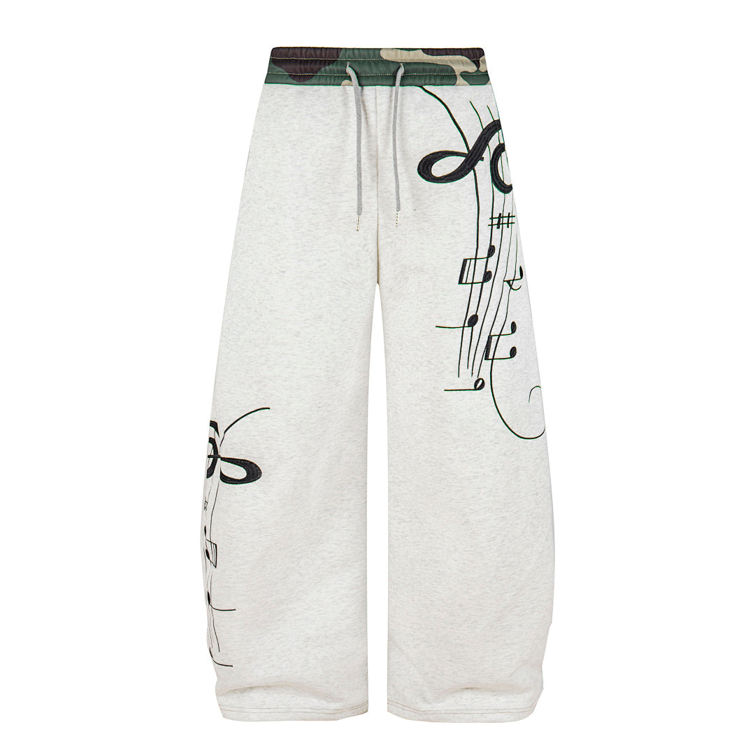 Side view of camouflage sweatpants with a loose barrel-leg shape