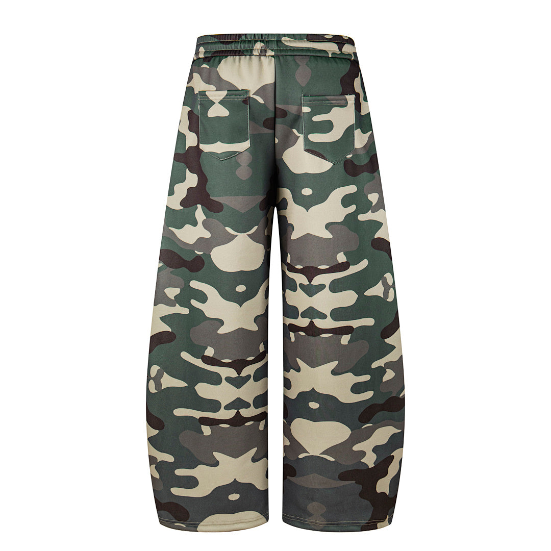 Close-up of the camouflage pattern on baggy sweatpants
