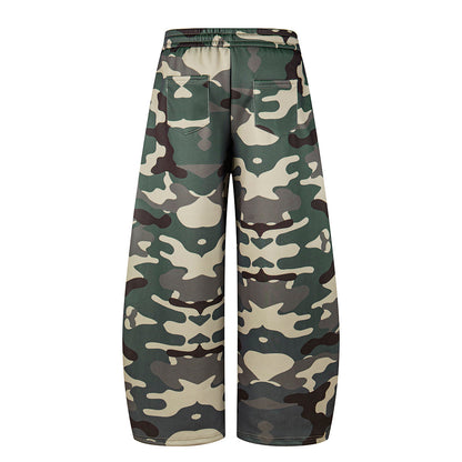 Close-up of the camouflage pattern on baggy sweatpants