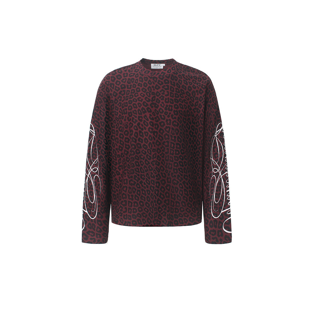 Long sleeve leopard print sweatshirt displayed on a model