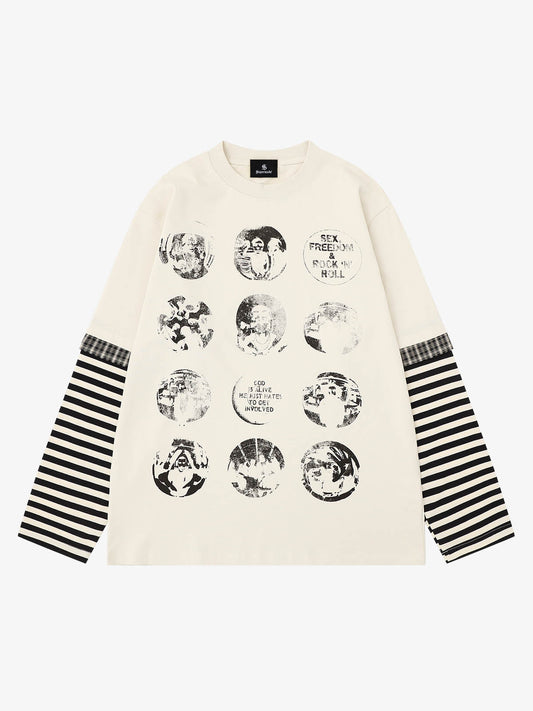 Front view of oversized striped long sleeve graphic T-shirt in dark tones