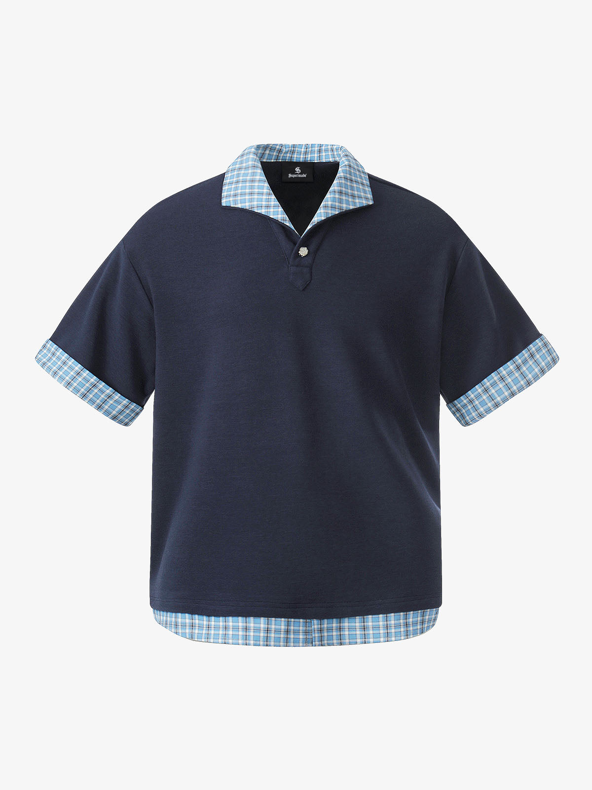 Revelse™  Pique Cotton Polo Shirt With Plaid Contrast Collar and Cuffs