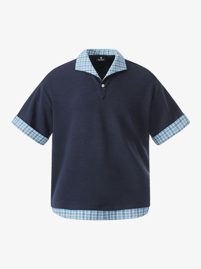 Revelse™  Pique Cotton Polo Shirt With Plaid Contrast Collar and Cuffs