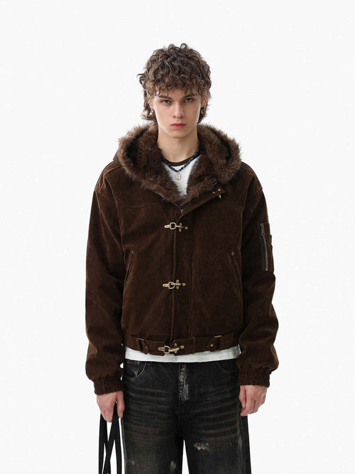 Faux Fur Hooded Suede Bomber Jacket with Metal Clip Streetwear