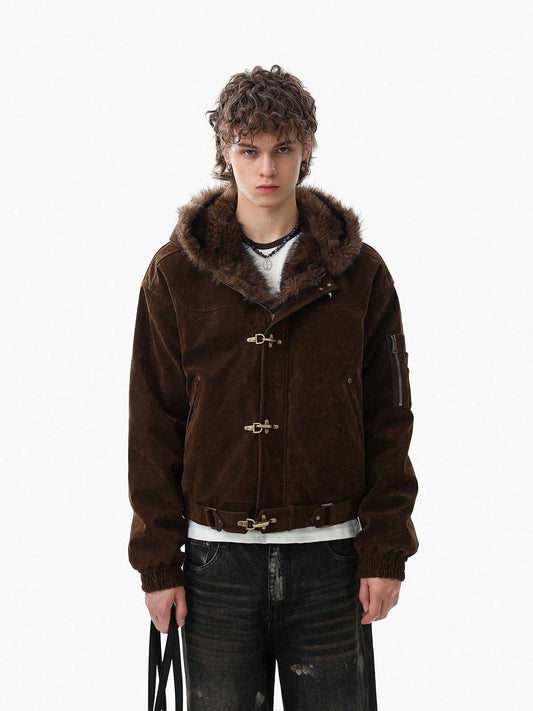 Faux Fur Hooded Suede Bomber Jacket with Metal Clip Streetwear